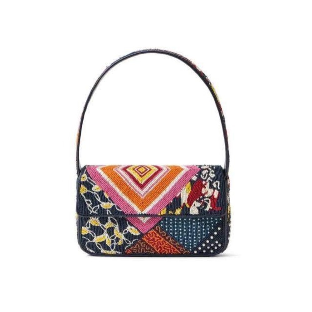STAUD Tommy Bag Hand Beaded Patchwork Floral Shoulder Bag Navy NWT